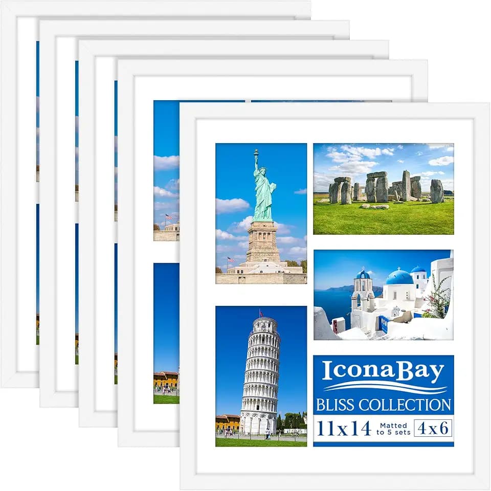 Icona Bay - 11x14 Collage Picture Frames with Removable Mat for 5-4x6 Photos - White, 5 Pack - Modern Style Engineered Wood Frames - Wall Mount Only - Bliss Collection