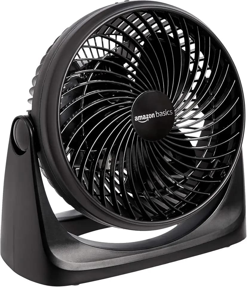 Amazon Basics Air Circulator Desk Fan for Bedroom, Home and Office, 90-Degree Tilt Head, 3 Speed Settings, Cooling, 35 Watts, Black, 11.1"W x 6.3"D x 10.9"H