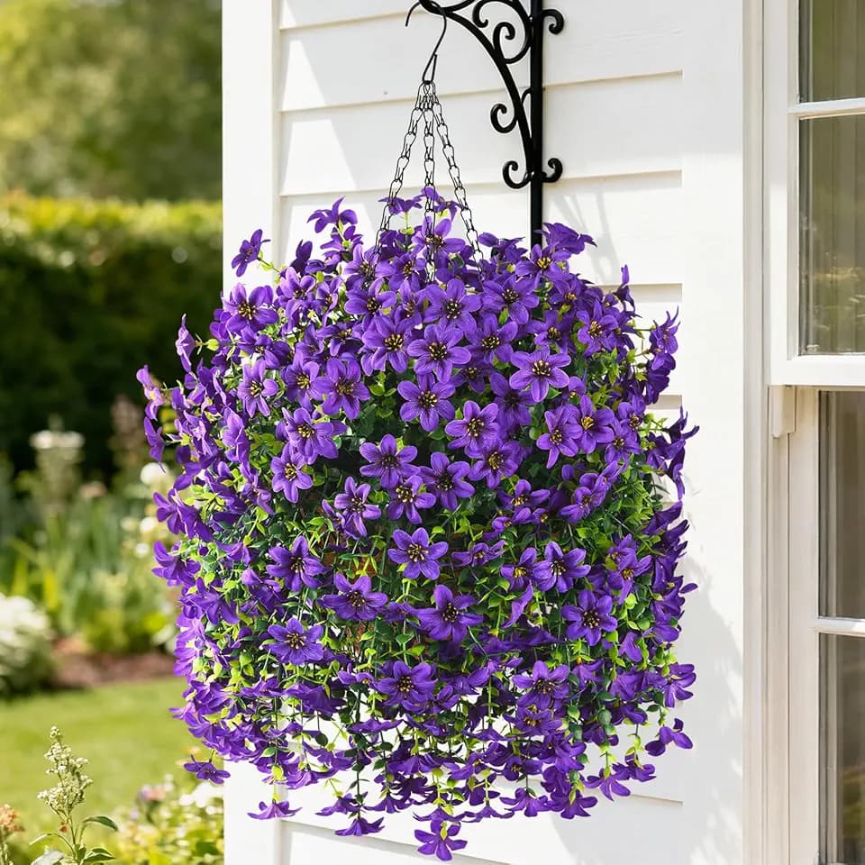 Artificial Hanging Baskets Outdoor, 4 Bundles Artificial Hanging Flowers Outdoors Spring Summer Decoration, No Fade Realistic Fake Hanging Baskets for Porch Patio Balcony Home Yard Decor