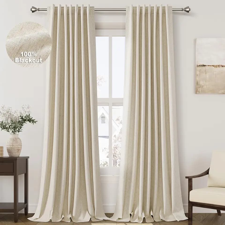 100% Blackout Beige Linen Curtains 96 inches Long for Bedroom Back Tab Thermal Insulated Black Out Window Curtain Full Light Blocking Room Darkening Curtains for Living Room Guest Playroom 8 FT