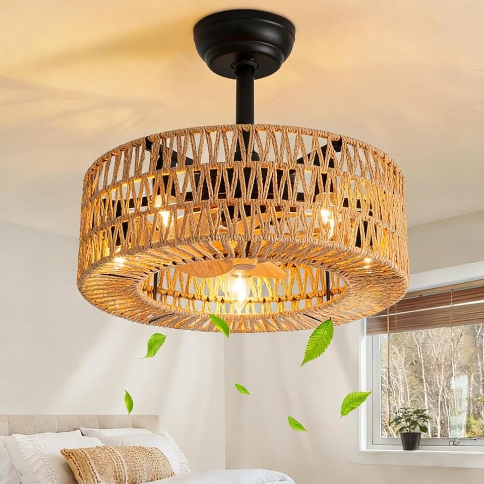 Boho Caged Ceiling Fan with Light, 18 inch Rattan Ceiling Fan with Light, Boho Fandelier, Farmhouse Fandelier Low Profile Cei ling Fan for Bedroom Kitchen Living Room Kids Room