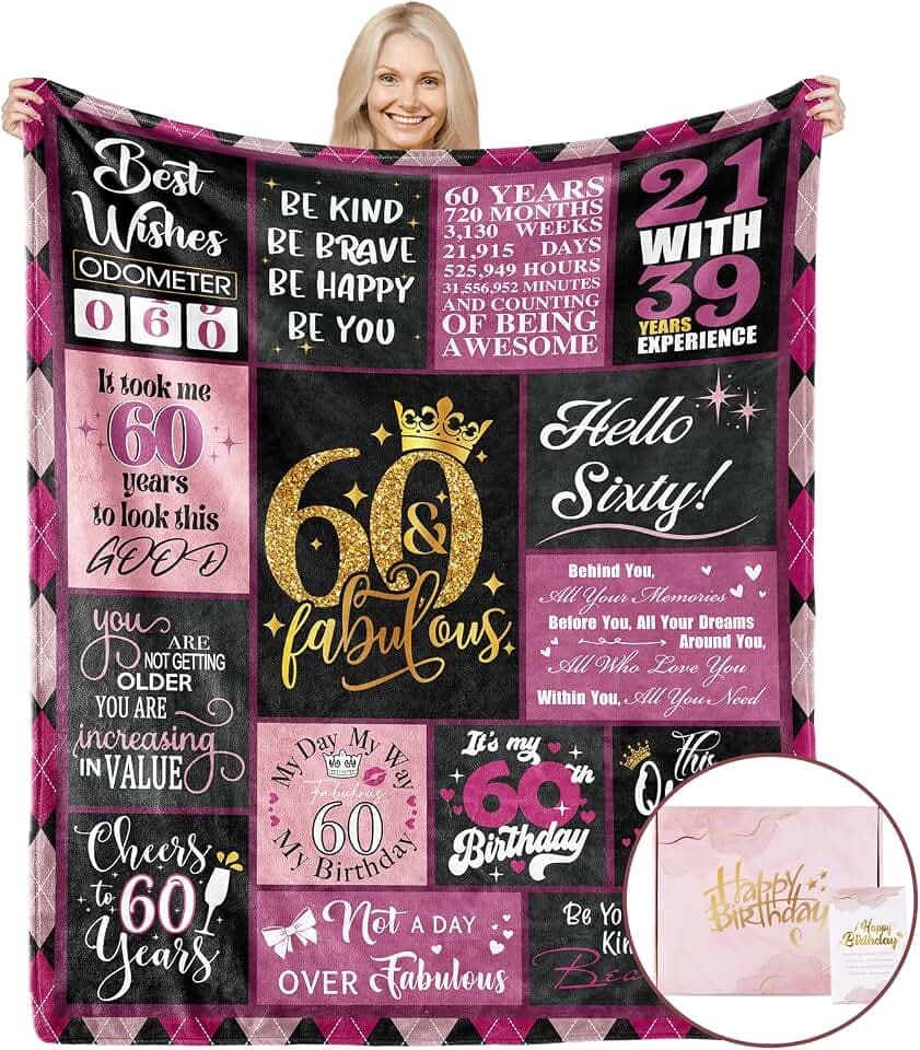 60th Birthday Gifts for Women, 1966 Blanket with Gift Box, Gifts for 60 Year Old Women, Happy 60 Birthday Gifts Ideas, for Woman Turning 60 Decorations 60"x50"