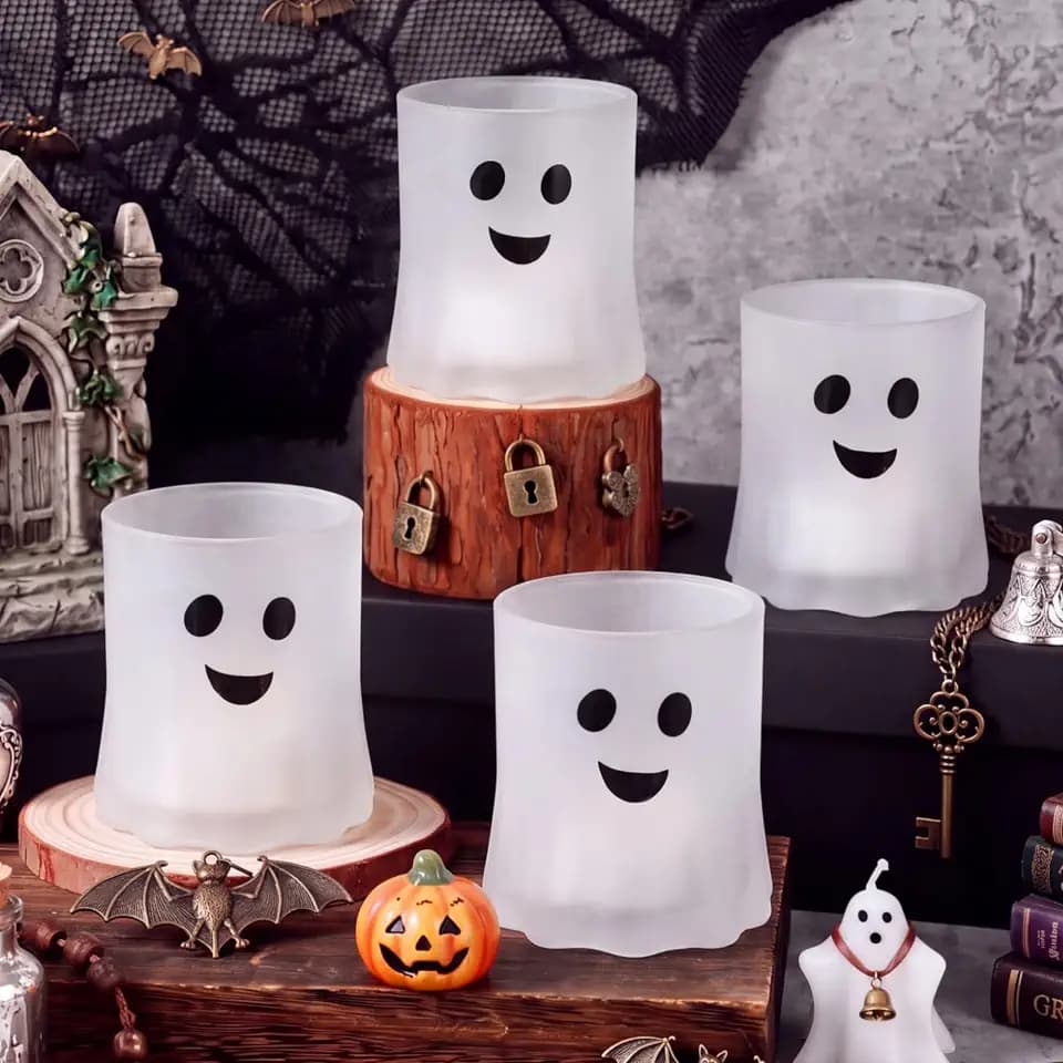 FoldTier 4 Set Ghost Glass Cups Halloween Embossed Face Tumblers,Clear