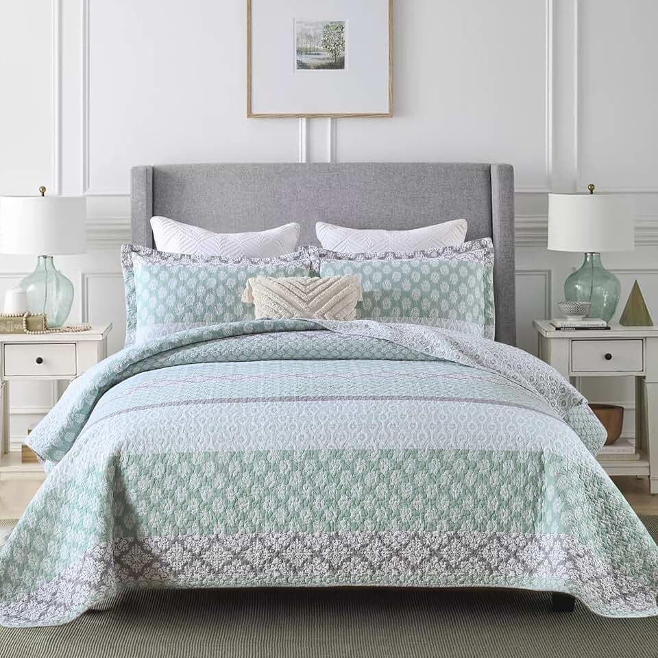 DDUOXIN 100% Cotton Queen Quilt - Botanical Bed Quilts with 2 Pillow Shams