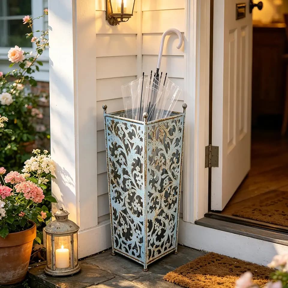 Vintage Blue Metal Umbrella Holder with Ornate Cutout Pattern Antique Decorative Umbrella Stand with Detachable Drip Tray for Entryway Storage Umbrellas Canes & Walking Sticks (Blue)