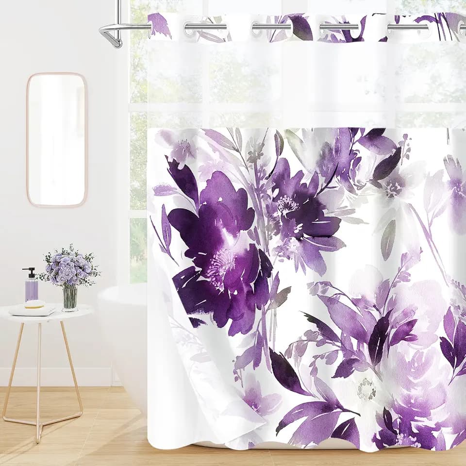 Litabel No Hook Purple Watercolor Floral Shower Curtain and Liner Set, Flower Shower Curtains with Snap in Liner for Summer Bathroom Decor, White Modern Botanical Waterproof Shower Curtain Set,72x74