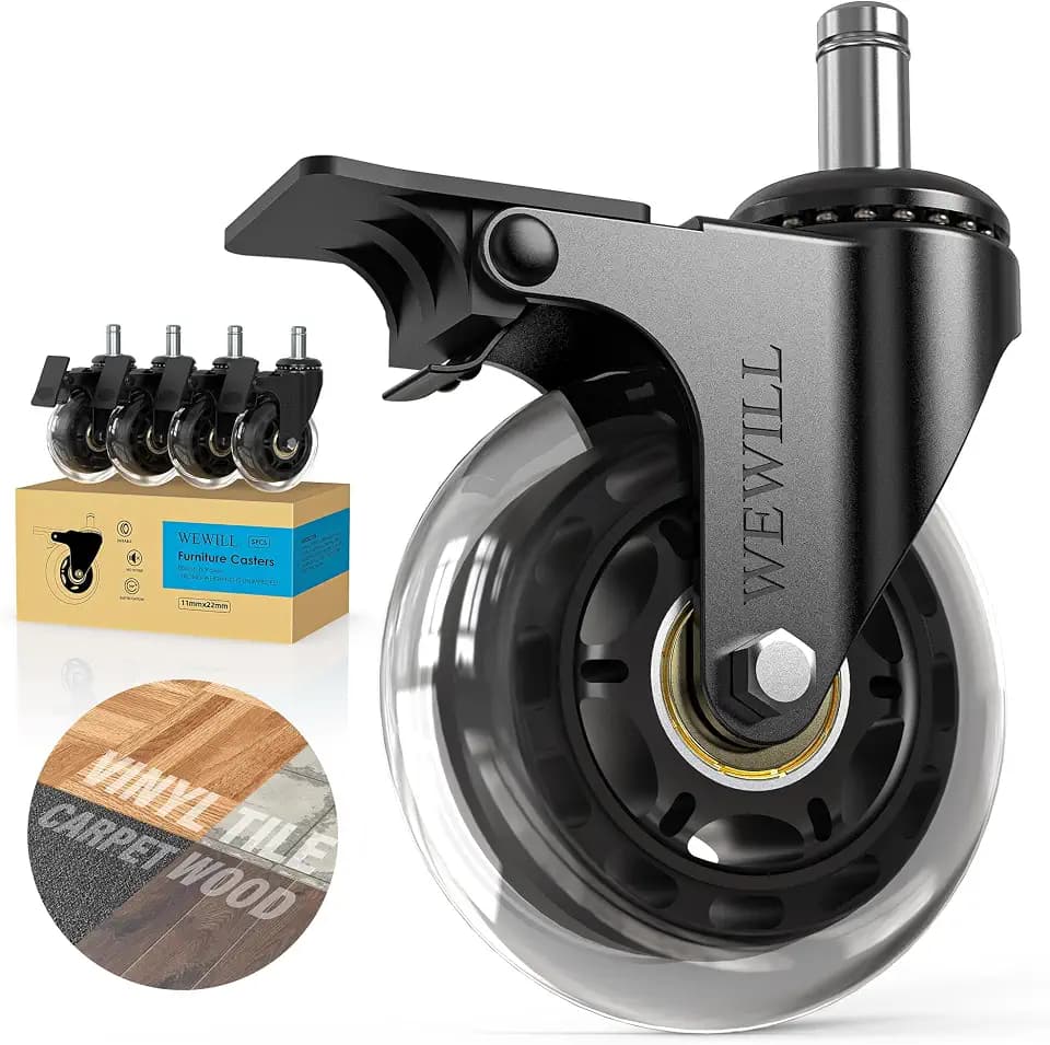 WEWILL Office Chair Wheels - Rubber Casters Replacement Universal Fit 98% Chair(Set of 5) Heavy Duty 3 Inch Smoothly & Quietly Safe for All Floor, Hardwood, Tile, Carpet, Noise Free - Transparent