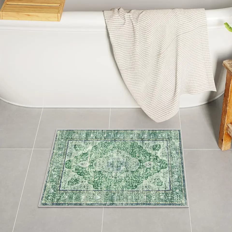 Uphome Green Bath Mat, Distressed Farmhouse Boho Bathroom Rugs, Super Cozy Velvet Small Bathroom Mats, Non Slip Machine Washable Bathroom Floor Mat for Toilet Sink Shower, 18x26 inch