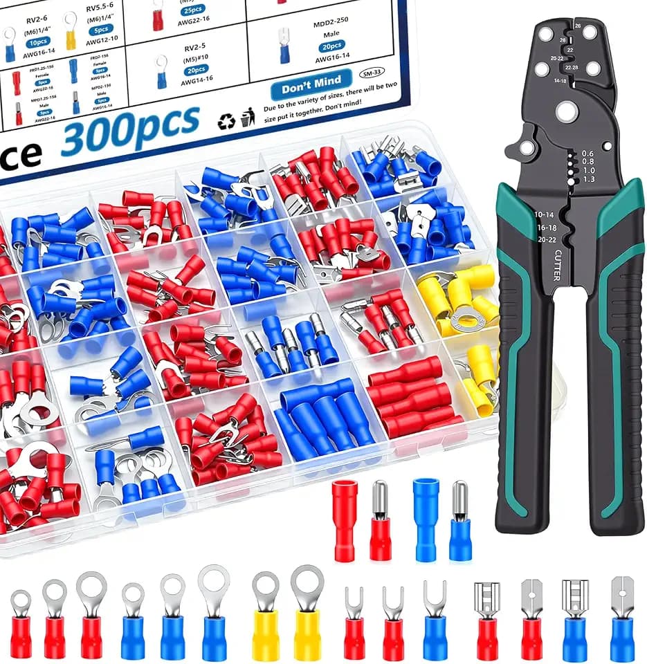 smseace 300pcs 19 Values Electrical Crimp Connectors with Crimping tool spade connector kit Fork Spade Butt Ring Bullet Crimp Connectors