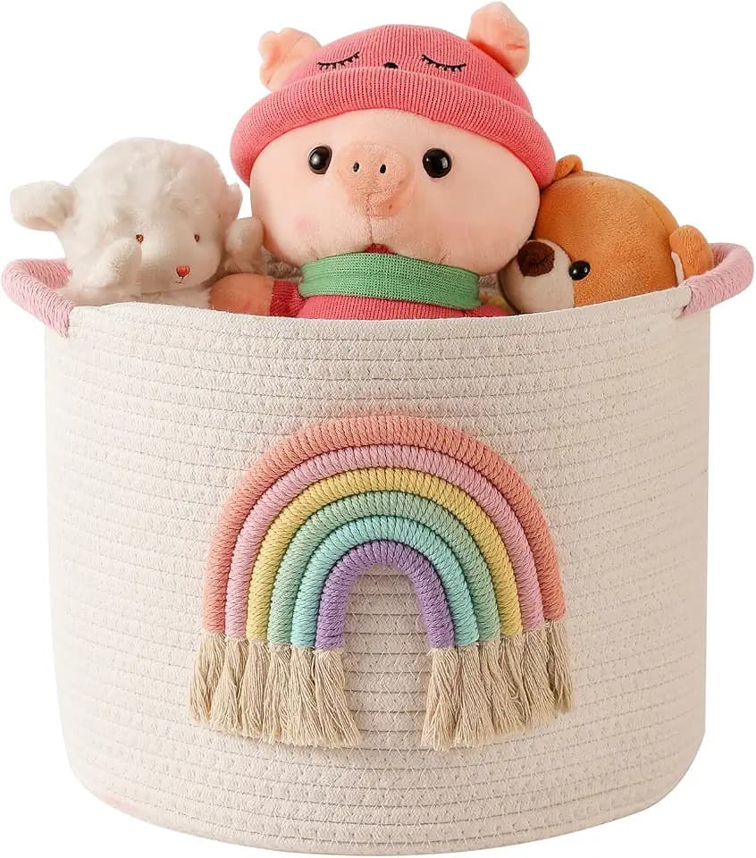 Toy Storage Baskets Woven Cotton Rope Storage Basket with Rainbow Decor for Kids, Blanket Baskets for Living Room Toys Organizer Rainbow Baby Gifts Basket with Handle for Girls Nursery Playroom