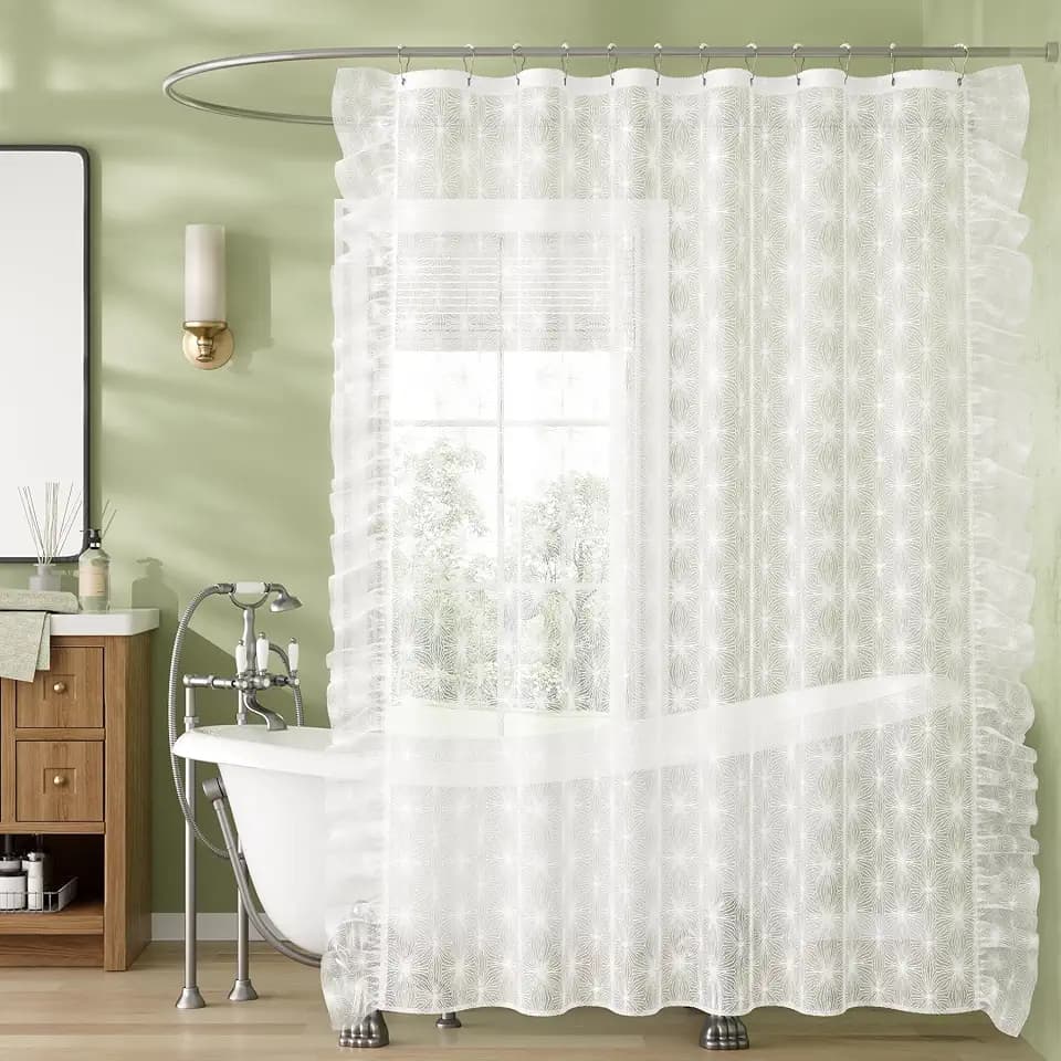 Bathway White Lace Shower Curtain with 12 Pearl Hooks, Double Ruffled Rice Pattern Sheer Vintage Shower Curtain Set for Bathroom, Boho Farmhouse Bathroom Decor, 72x72 Inches