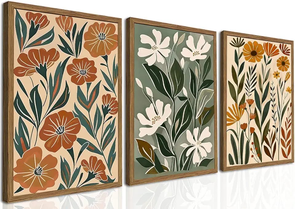 Framed Boho Floral 3 Piece Wall Art,Mid Century Modern Abstract Flower Pictures Wall Decor,Minimalist Botanical Floral Canvas Prints for Living Room Bedroom Office 16x24 Inch