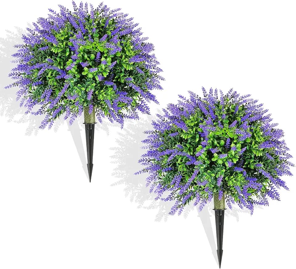 Set of 2 Artificial Christmas Boxwood Topiary Ball Shrubs, 20" UV-Resistant Faux Outdoor Plants with Ground Spikes — Realistic Purple and Green Decorative Bushes for Porch, Patio, Garden, Yard Décor