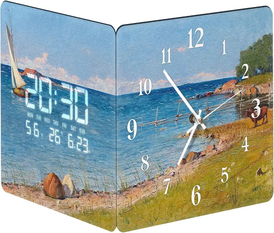 Double Sided 90° Corner Smart Wall Clock, Coastal Oil Painting Dial