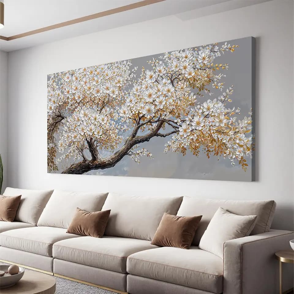 Large White Flower Tree Canvas Wall Art For Living Room Decor 29x58 In