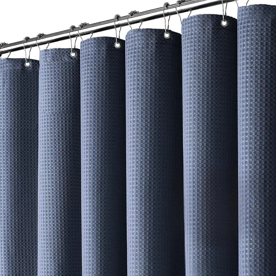 Inhousolu Fabric Shower Curtain, Waffle Weave 230 GSM Polyester, Weighted Hem, Metal Hooks Included, Water Repellent Washable, 60 x 72 Inch, Navy Blue