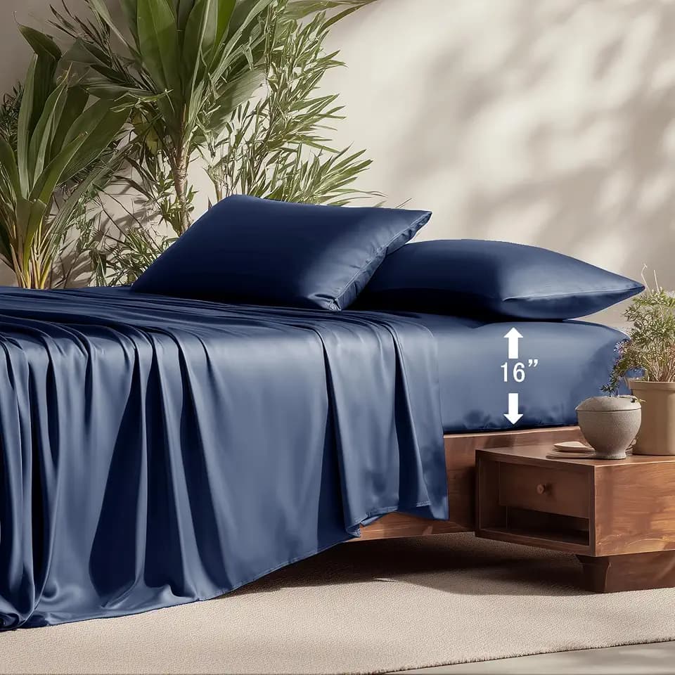 NATUREFIELD 100% Rayon Viscose Derived from Bamboo Sheets Set - Navy Blue Full Size 4 Piece- Hotel Luxury Silky-Smooth Feel,Cooling Breathable, for Hot Sleepers, 16" Deep Pocket, 240 Thread Count.