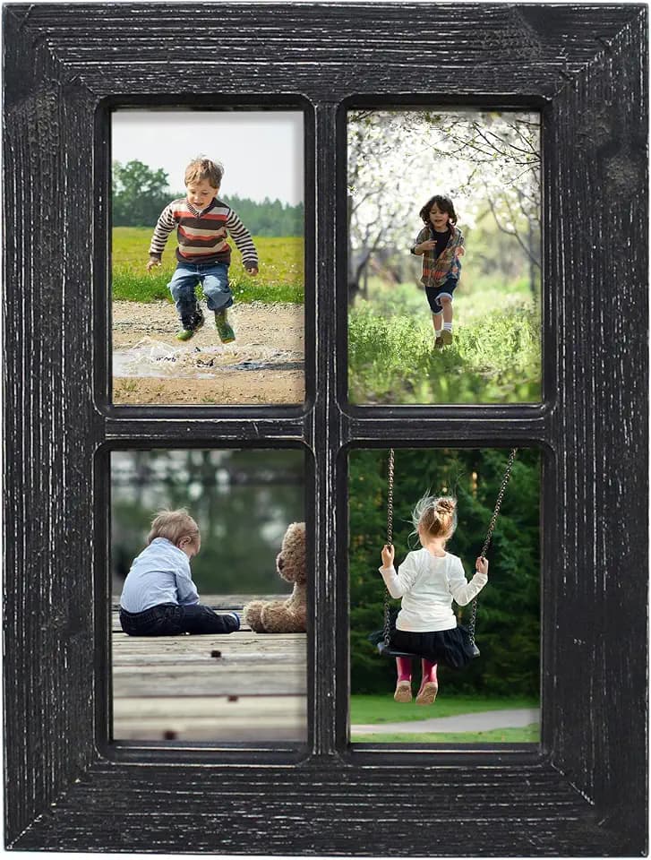 CVHOMEDECO. Rustic Wood Collage Picture Frame, 4 Opening 4x6 Photos, 11.8x15.8 Inch, Farmhouse Distressed Style with Real Glass for Wall or Tabletop Display (Distressed Black)