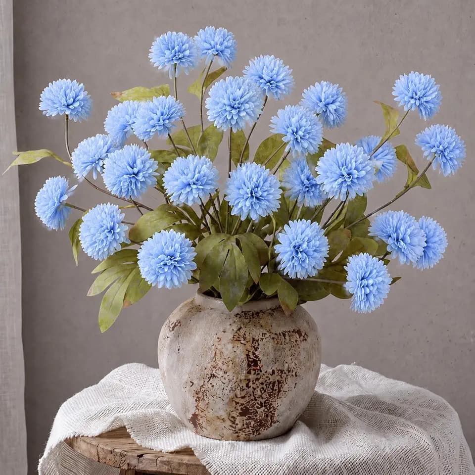 6 Pcs 27" Artificial Mums Silk Pompon Flower for Vase, Blue