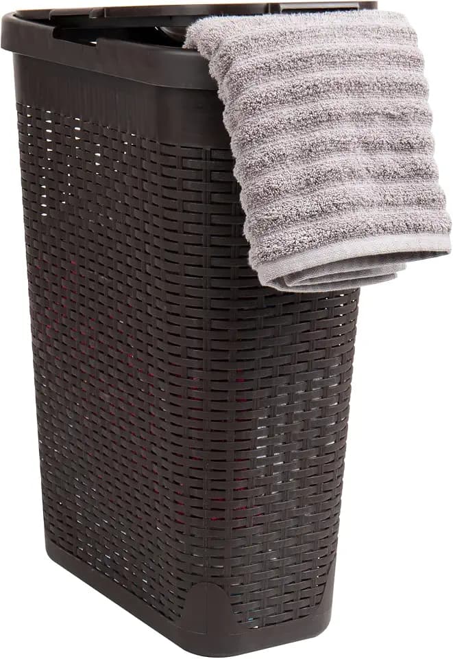 Mind Reader Slim Laundry Hamper with Lid, 40L Clothes Basket, Narrow Tapered Design with Ventilated Cutout Pattern, Plastic, Brown