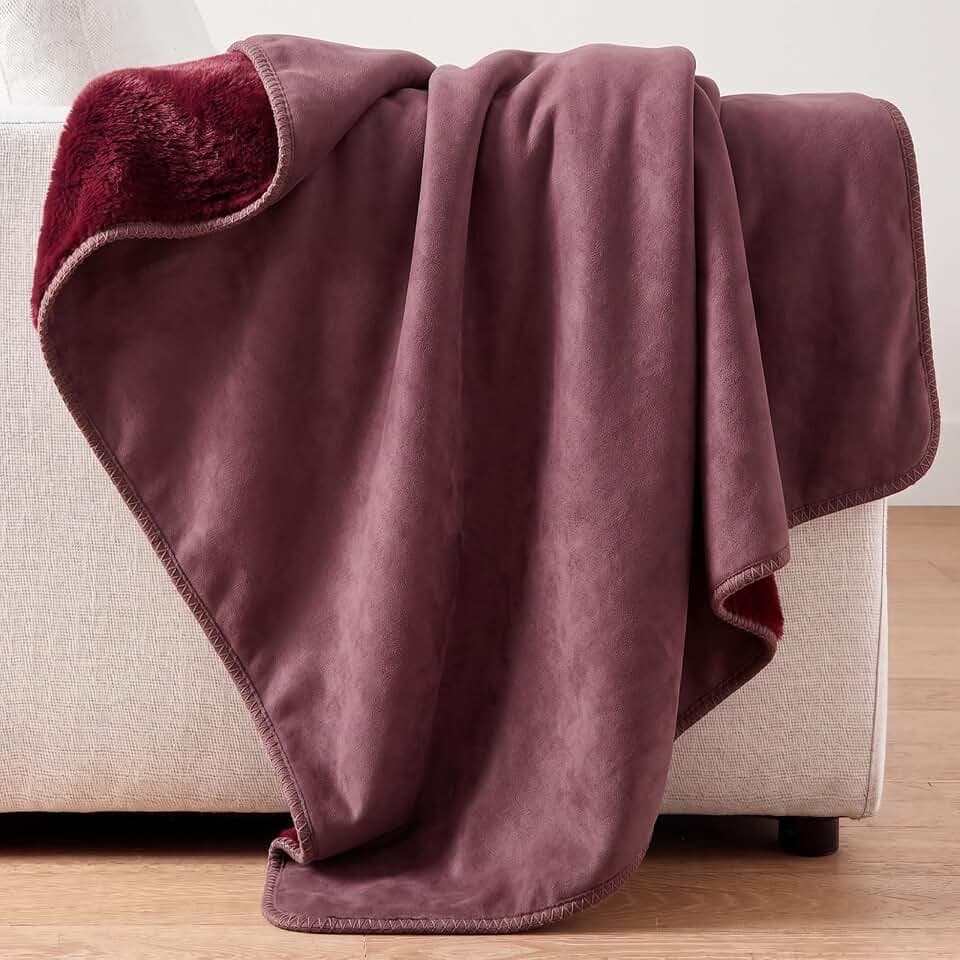 Burgundy Throw Blanket 50x70, Faux Rabbit Fur