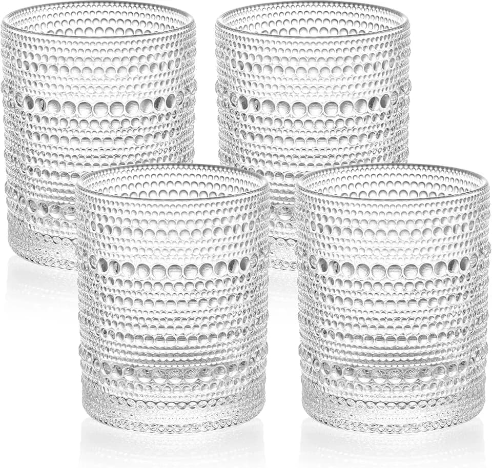 Vintage Dot-Pattern Drinking Glasses Set of 4 – 14.5 oz Clear Short Glass Cups – Embossed Textured Glassware with Anti-Slip Grip, Water Juice Soda Cocktail Tumblers – Thick Glass, Dishwasher Safe