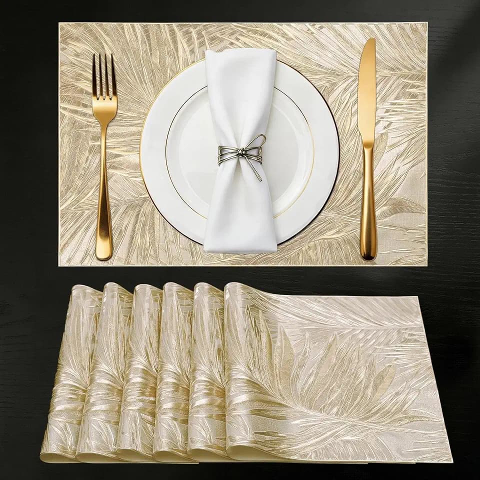 Quantum Love Set of 6 Gold Palm Leaf Placemats, Waterproof PVC Table Mats Heat Resistant, Non-Slip Tropical Dining Decor, Easy to Clean Kitchen Tabletop Protector for Indoor Outdoor Party (12"x18")