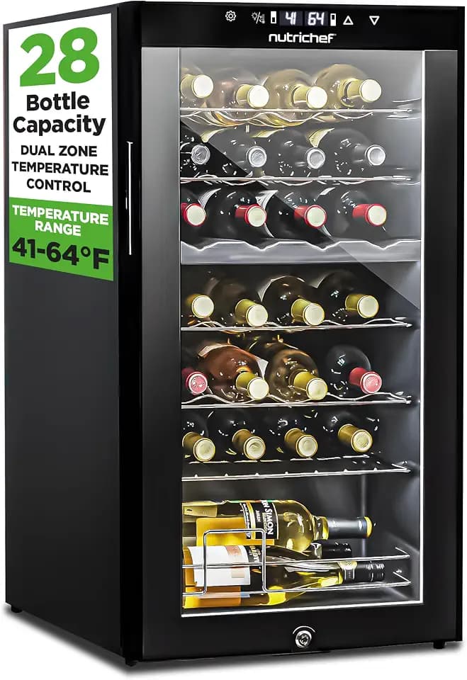 Nutrichef 28 Bottle Wine Fridge | Dual Zone Wine Chiller | Adjustable Temperature 41°F to 64°F | Ultra Quiet Operation | Wine Cooler For Home, & Office | Free Standing 33x16x17 IN (Black)
