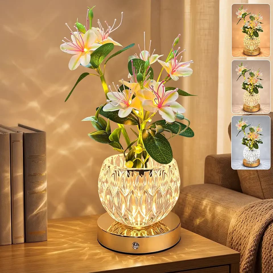 Tulip Table Lamp, 3 Colors Touch Dimming Artificial Flower Night Light, Rechargeable Cordless LED Flower with Vase Lamp, Ambient Lamp Table Centerpieces for Home Living Room Decor (White - Jasmine)
