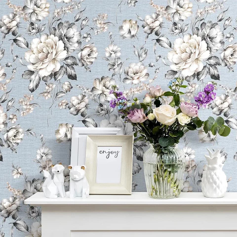 17.5x475 Vintage Floral Peel and Stick Wallpaper Floral Toile Wallpaper for Bedroom Bathroom Accent Wall Blue and White Peony Contact Paper Self Adhesive Flower Contact Paper for Vanity Table