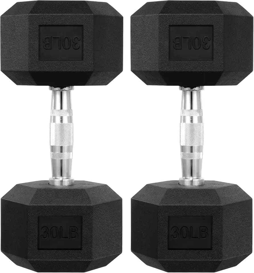 HulkFit 30 LBS Pair Rubber Coated Hex Dumbbells, Anti-Roll Hand Weights Set of 2, Non-Slip Ergonomic Handle Low Odor for Home Gym