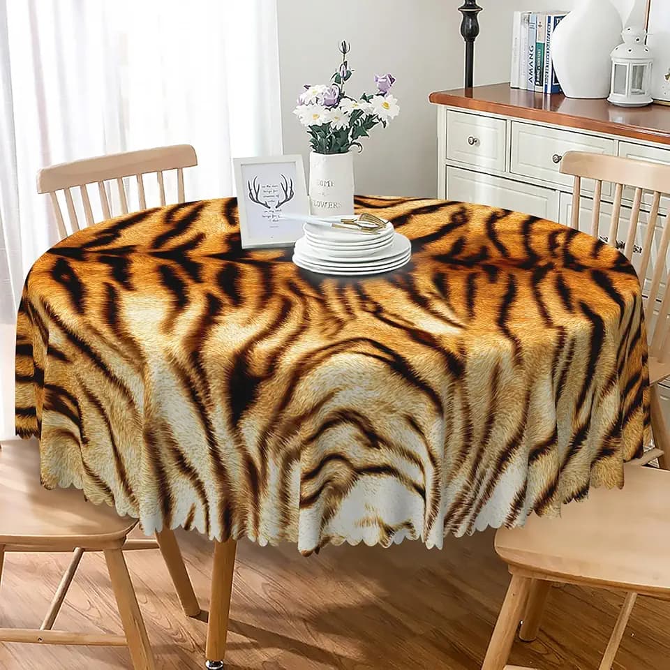 Tiger Print Round Tablecloth 48 Inch Wild Animal Pattern Table Cloths Spillproof Washable Table Cover for Dining Room Kitchen Patio Jungle Safari Themed Birthday Party Indoor Outdoor Use