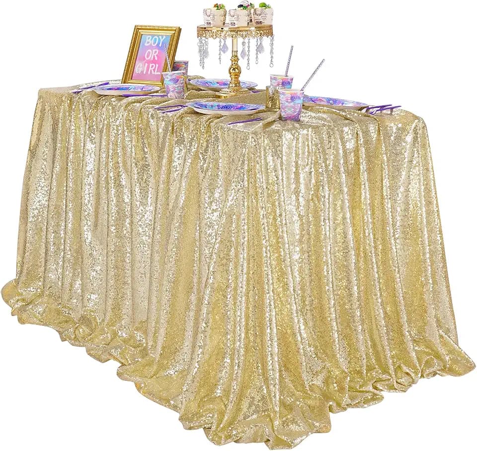 Light Gold Sequin Party Tablecloth Large Shimmer Table Overlay 90x132 Inch