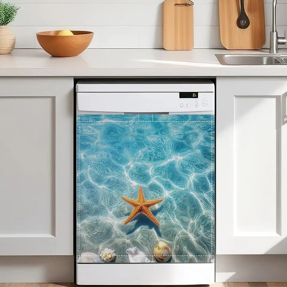 Starfish Magnetic Dishwasher Cover 23x26 in,Shell Beach Decorative Waterproof Dishwasher Door Cover,Refrigerator Panel Sticker for Kitchen Decor
