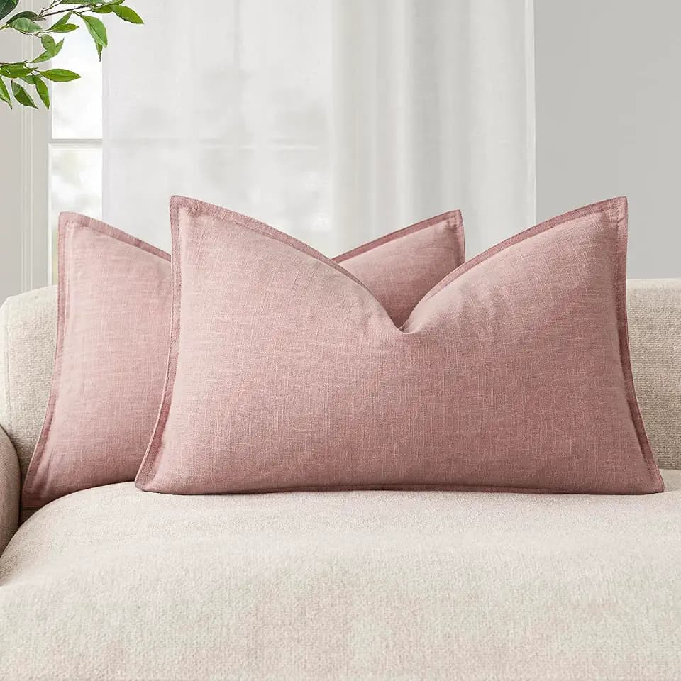 Foindtower Decorative Linen Lumbar Throw Pillow Covers 12x20 Inch Rose Pink