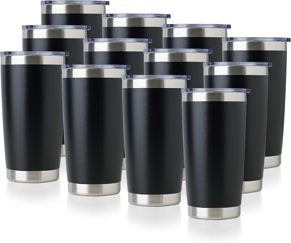 DOMICARE 20oz Stainless Steel Tumbler Bulk with Lid, Double Wall Vacuum Insulated Travel Mug, Powder Coated Coffee Cup, Powder Black, 12 Pack