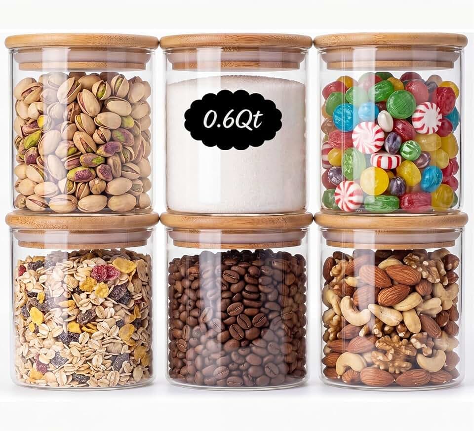 6-Pack 0.6Qt Small Round Glass Storage Jars with Bamboo Lids