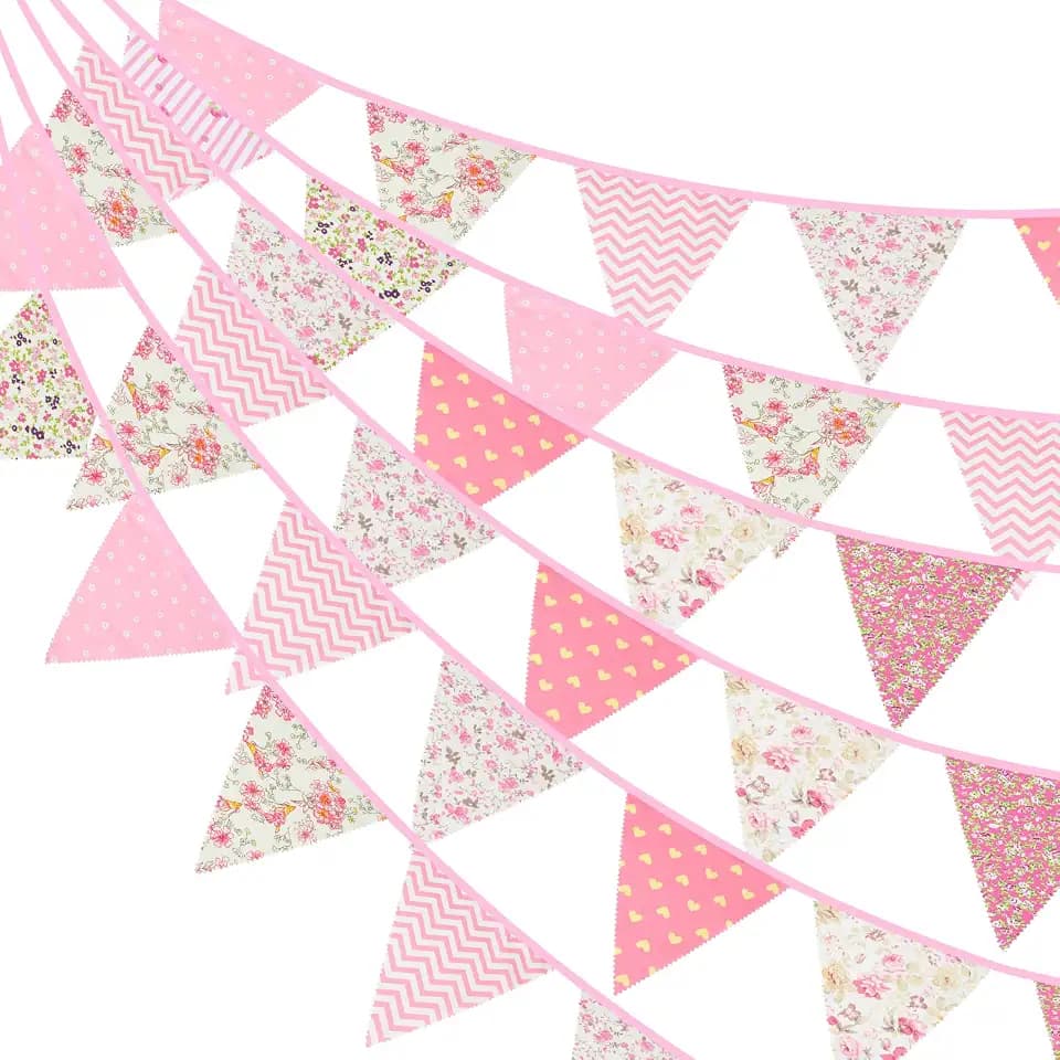 G2PLUS 39Ft Triangle Bunting Banner, 42Pcs Pink Floral Garland Pennant Banner, Reusable Cotton Triangle Flags Party Decoration for Birthday, Wedding, Garden Tea Party, Baby Shower, Room Decor