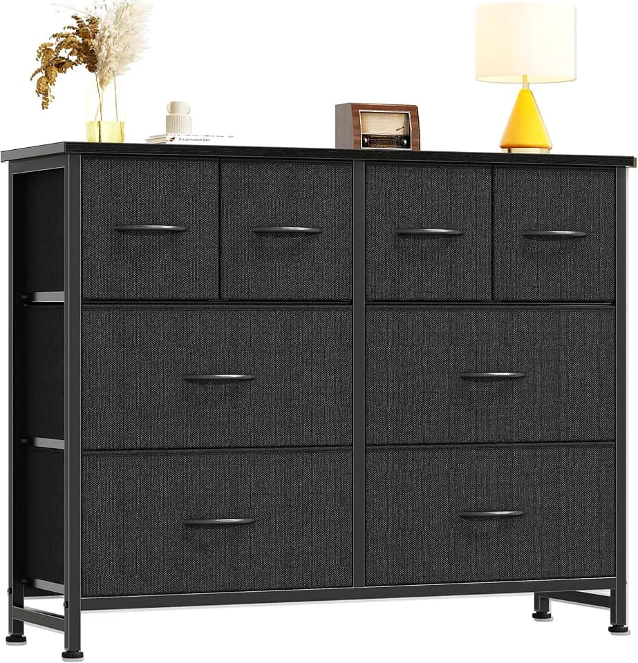 DUMOS Dresser for Bedroom with 8 Fabric Drawers, Wide Fabric Dresser for Closet, Storage Tower with Wood Top and Mental Frame, Storage Unit for Living Room,Hallway, Entryway, Black