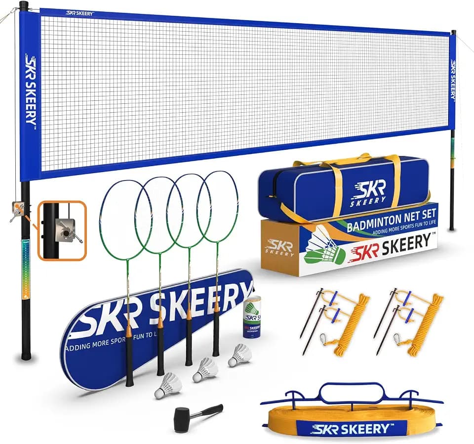 SKEERY Professional Badminton Set with Winch System,Portable Badminton Net includes Carbon Aluminum Badminton Rackets Set of 4,3 Shuttlecocks and Carrying Bag,Badminton Sets for Backyards,Beach