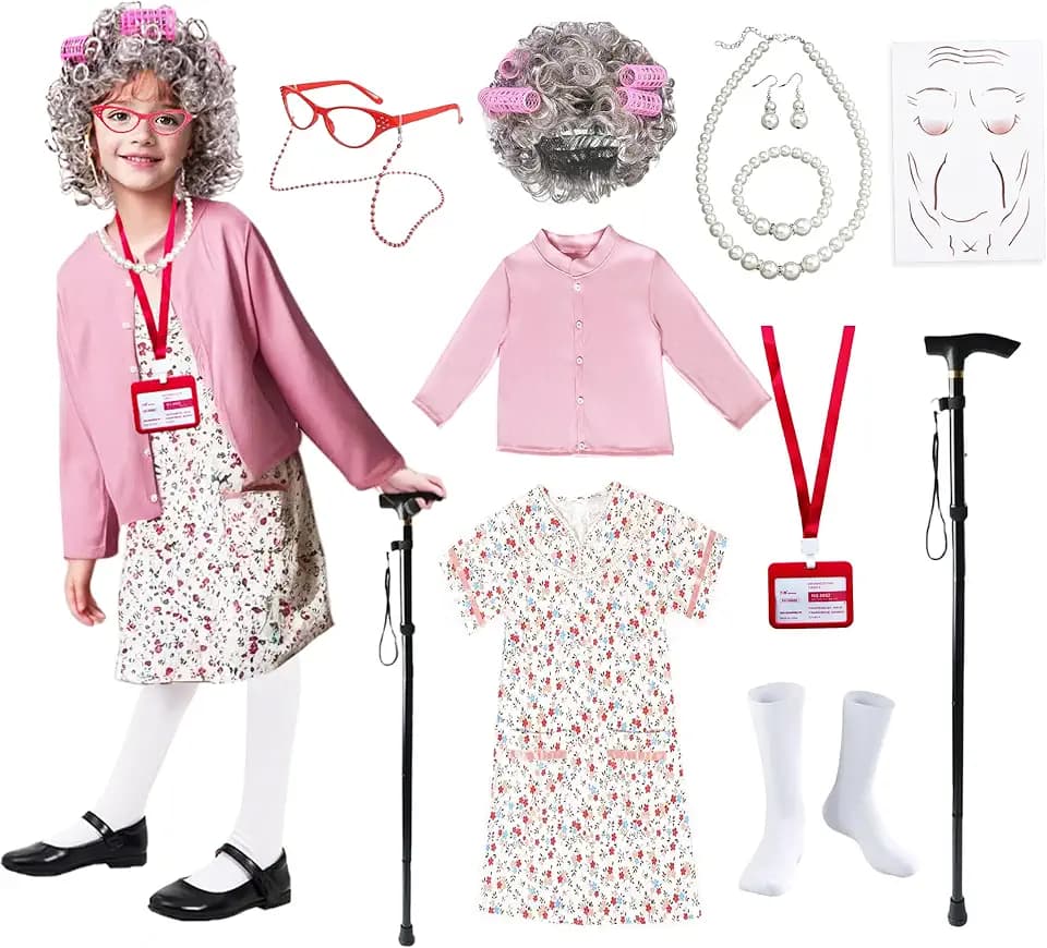 Minggo 17 pcs Old Lady Costume for Kids 100 Days of School Granny Dress Up Wig for Girls Halloween Grandma Costume