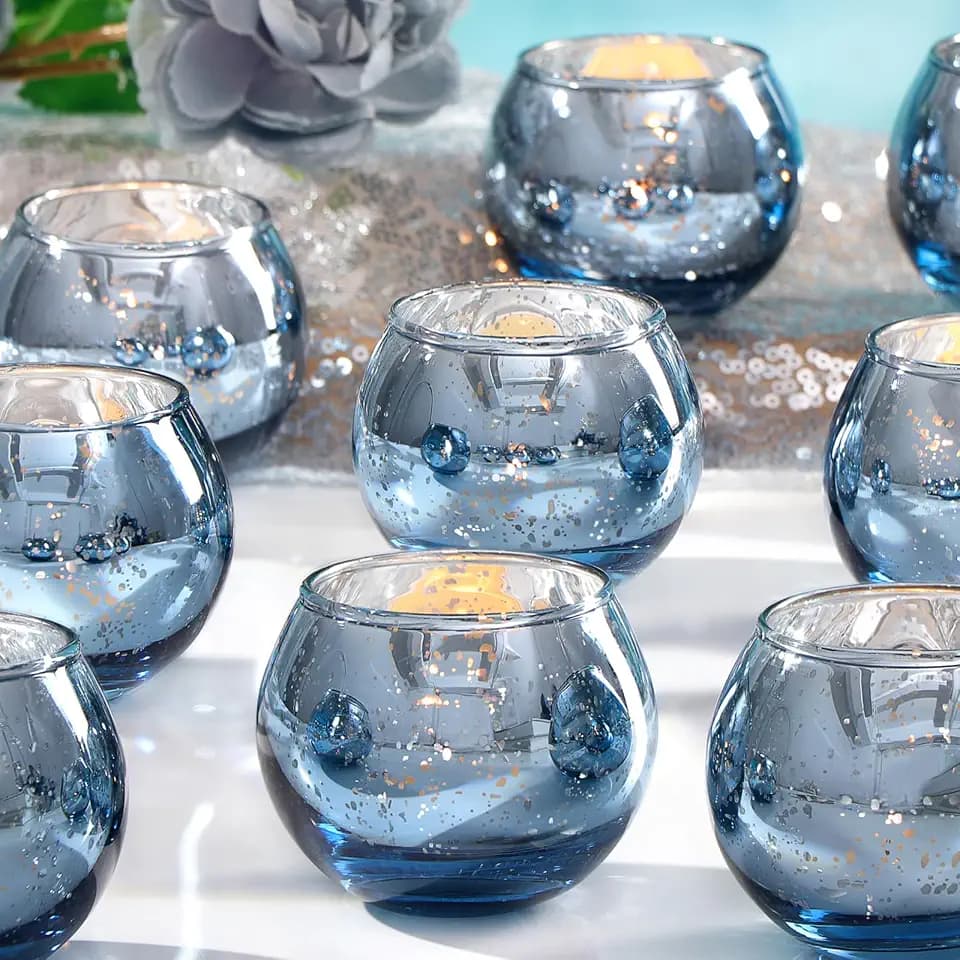 36 Pcs Blue Votive Candle Holders - Mercury Glass Tealight Holders for Dusty Blue Wedding Decor, Centerpiece Table Decorations