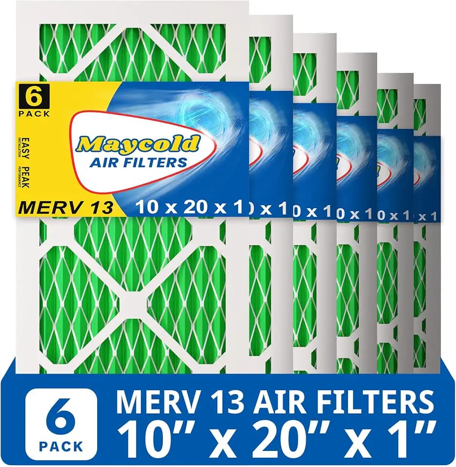Maycold MERV 13 10x20x1 Air Filter (6-Pack), High-Efficiency Pleated AC & Furnace Filters, Actual Size: 9.70” x 19.70” x 0.75”, Individually Wrapped in Plastic