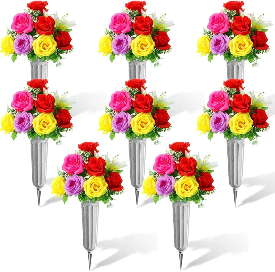 Tigeen 8 Sets Cemetery Flowers with Grave Vase, Red Pink Yellow Rose Lily