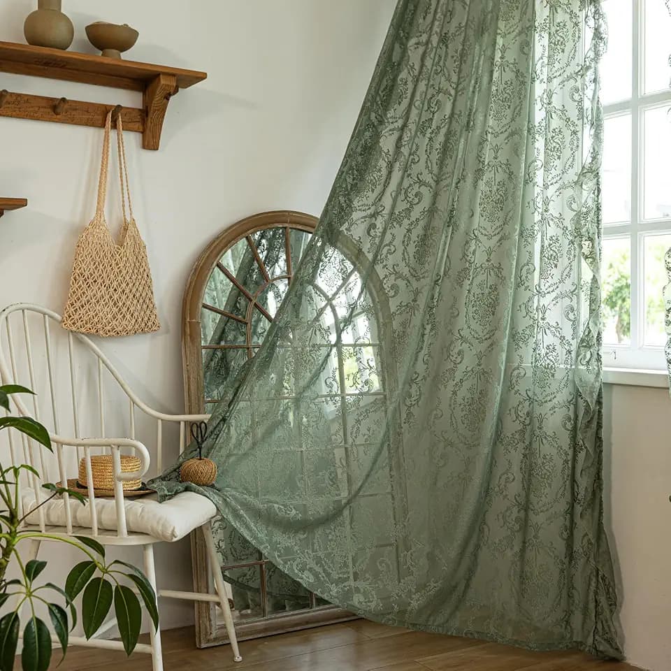 Deeprove Olive Green Sheer Lace Ruffled Curtains 72 Inch Long Pair for Bedroom Living Room Rustic Country Tulle Floral Privacy Spring Shabby Chic Fairy Decor Light Filtering 2 Panels, W55 x L72