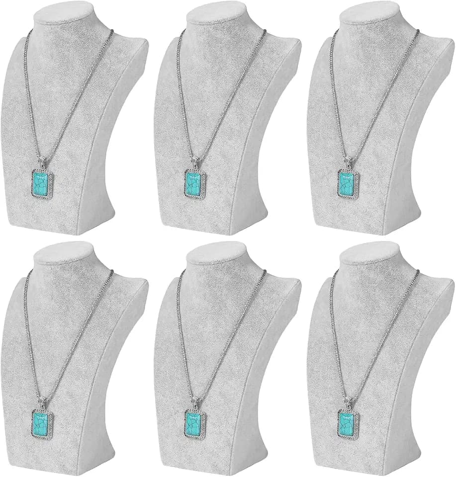 Flexzion Necklace Bust Display Stand (6 Pack) - 10 Inch 3D Mannequin Gray Velvet Necklace Display Holder for Home, Boutique & Trade Shows - Jewelry Display for Selling Necklace, Pendants, Lockets