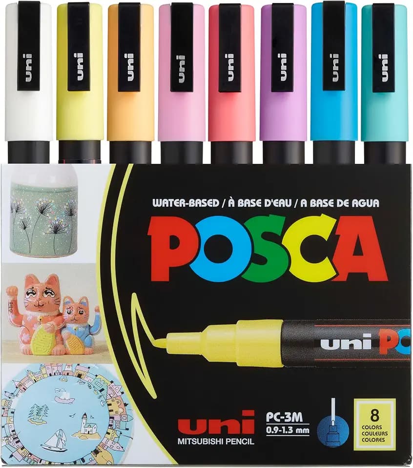 POSCA® PC-3M Paint Markers, Fine Tip (0.9-1.3mm), Soft Colors, 8 Pack