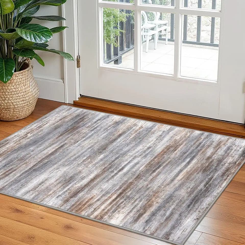 KOZYFLY Modern Abstract Small Area Rugs 2x3, Washable Kitchen Rug Non-Slip Soft Small Bathroom Rug, Grey Brown Striped Entryway Rugs Print Faux Wool Doormat for Bedside Entrance Bedroom Sink