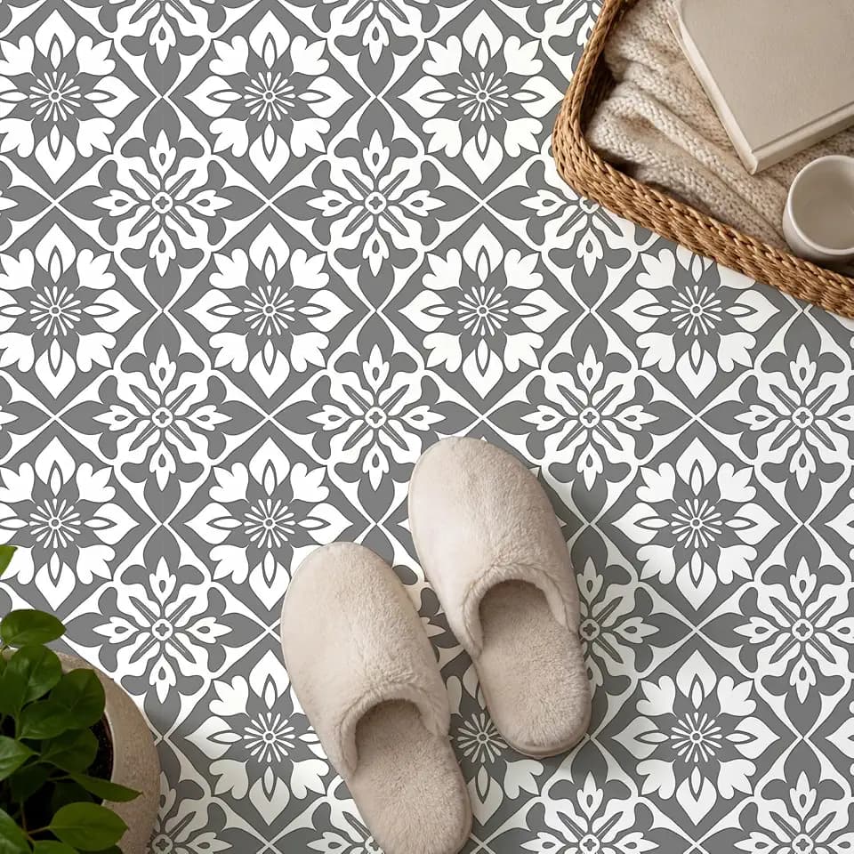 IVN Gray White Floral Geometric Peel and Stick Floor Tiles 12x12 Inch 10PCS