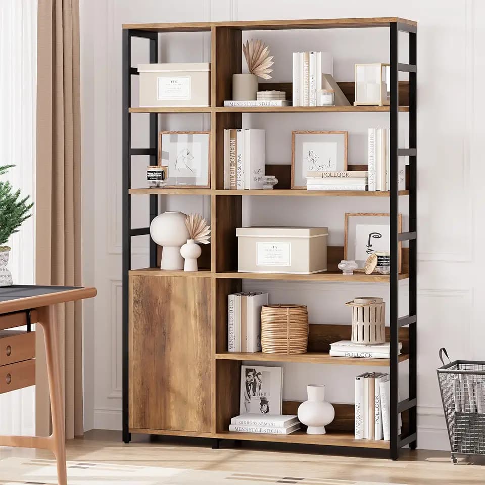 Garvee 5 Tier Bookshelf with Doors and Adjustable Shelf, Brown